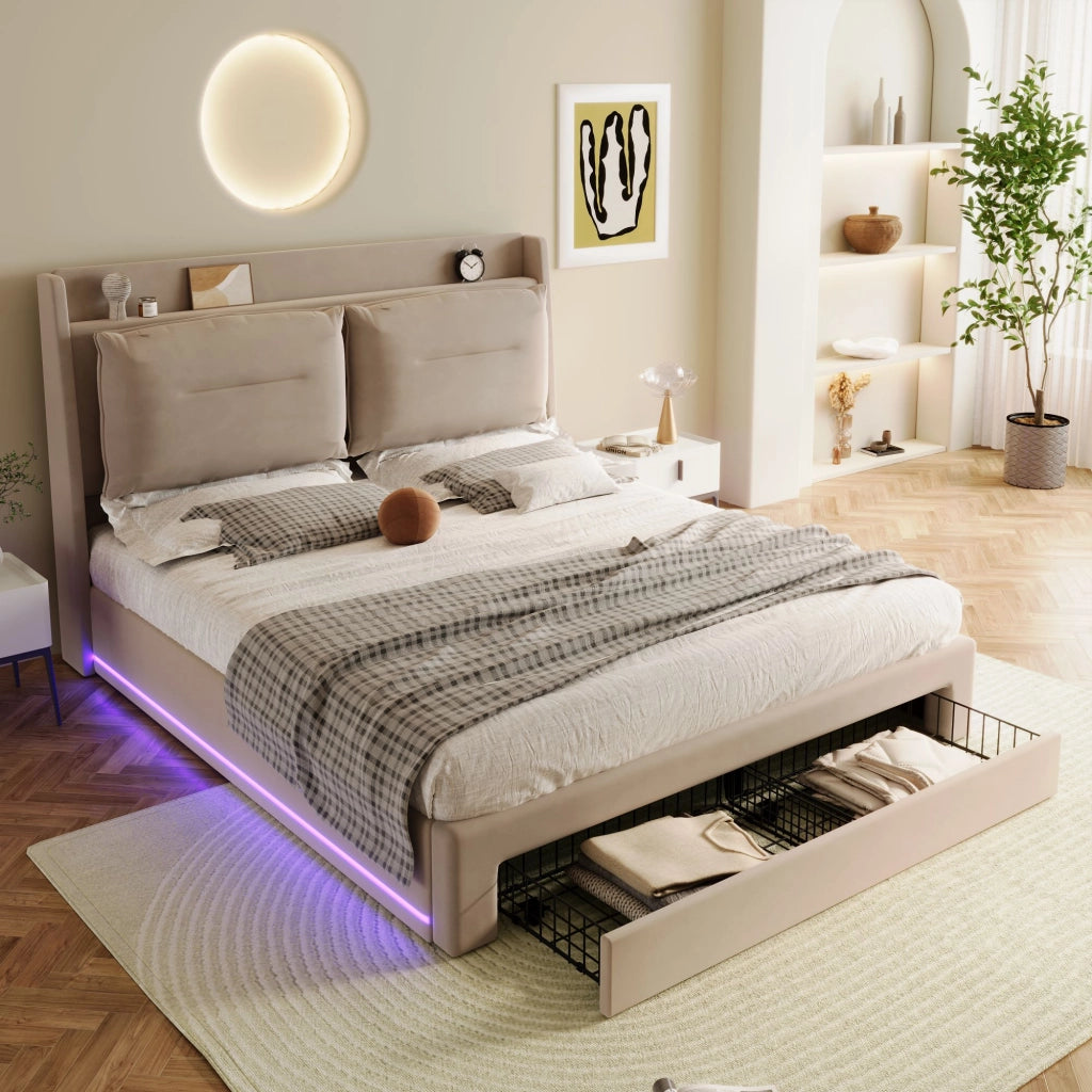 Letto imbottito in velluto beige 180x200cm con sistema idraulico due cassetti alla base strisce laterali LED e struttura a listelli senza materasso
