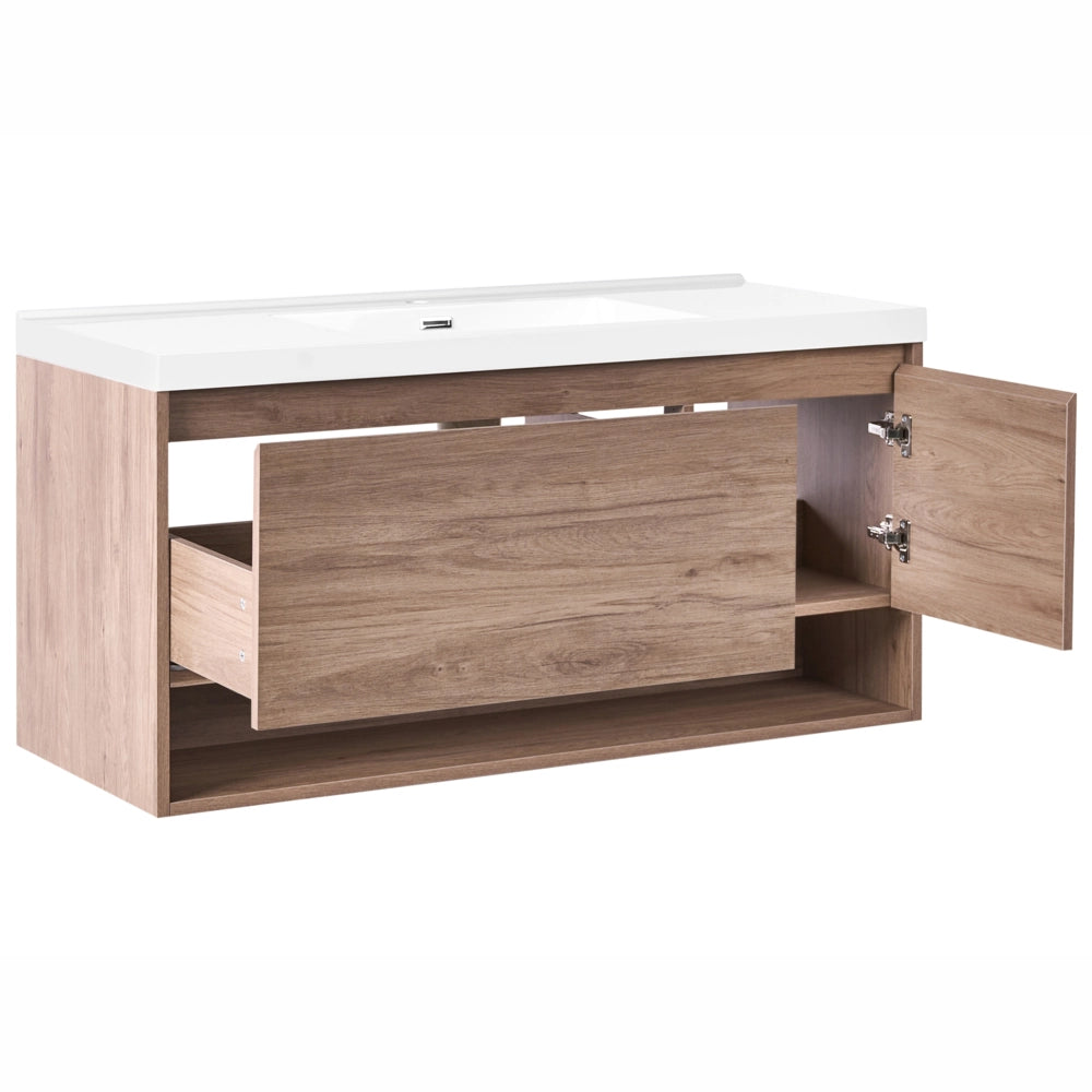 Mobile bagno sospeso con lavabo 1 cassetto frontale e 2 ripiani 120 x 50 cm marrone chiaro