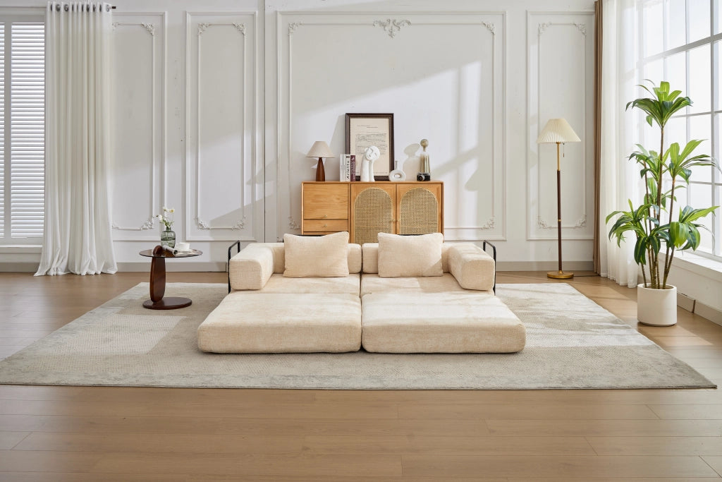 Divano letto modulare pieghevole senza montaggio in ciniglia beige per salotto camera ufficio e sala giochi