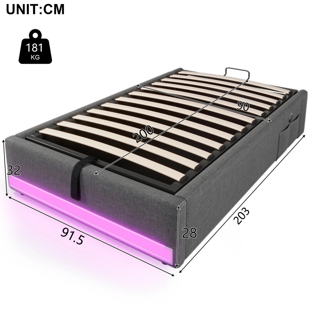 Letto imbottito 90x200 cm grigio con LED, ricarica USB/Type-C e vano contenitore