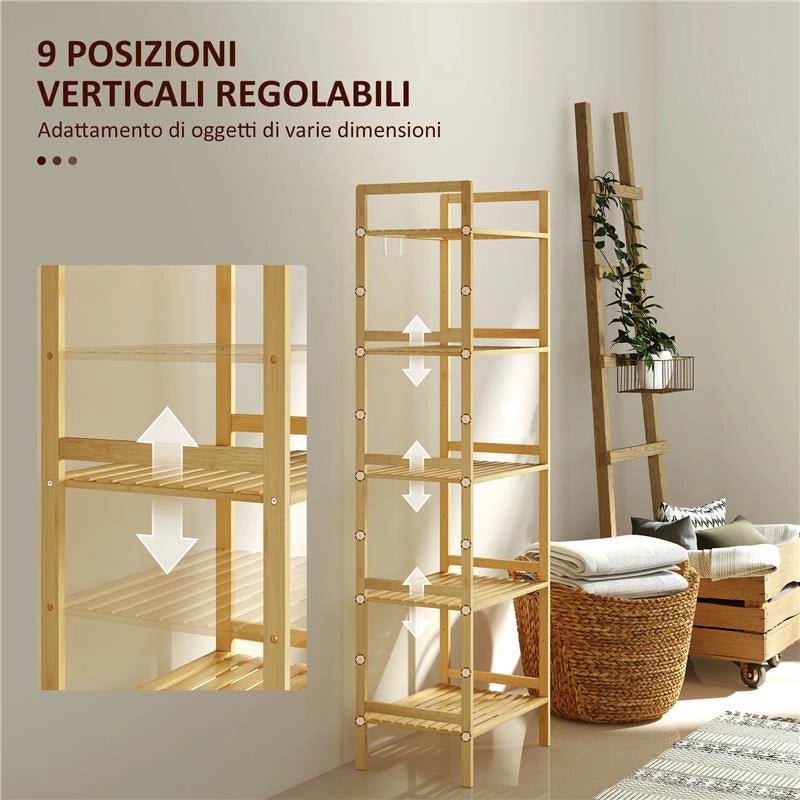SCAFFALE BAGNO A 5 RIPIANI REGOLABILI IN ALTEZZA IN BAMBÙ 43.5X31.5X142 CM LEGNO NATURALE