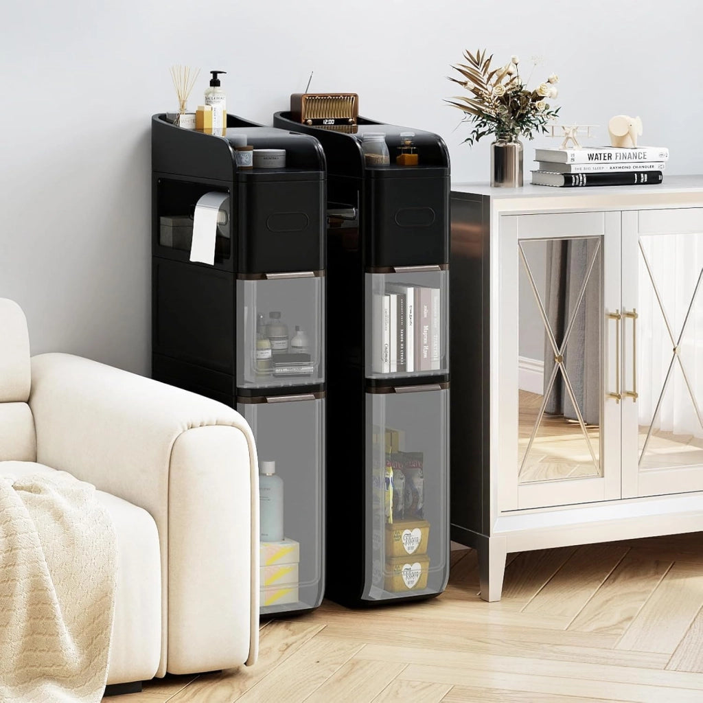 Armadio a 4 livelli, armadio bagno con ruote, cassetti trasparenti, doppie uscite per fazzoletti, cucina, soggiorno, lavanderia, 43 x 18 x 88 cm (Nero)