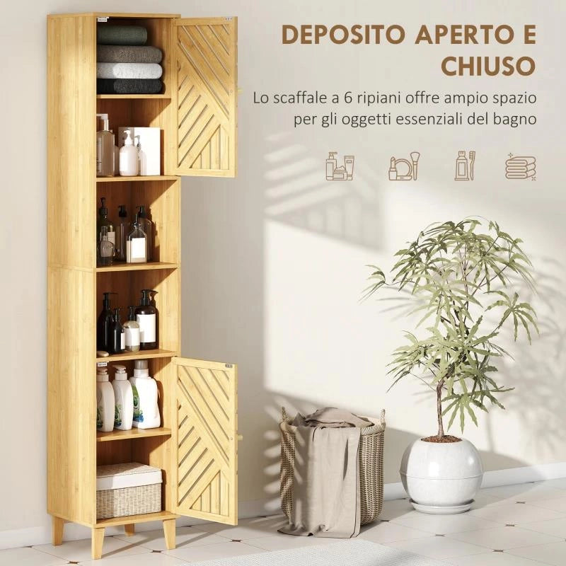 MOBILE COLONNA BAGNO CON 2 ARMADIETTI E 2 RIPIANI CON SCAFFALE REGOLABILE, IN BAMB¨ E TRUCIOLATO, 32X30X170 CM