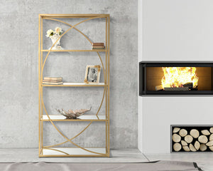 Libreria Glamy 90x38x180 cm in Ferro MDF e Specchio Oro