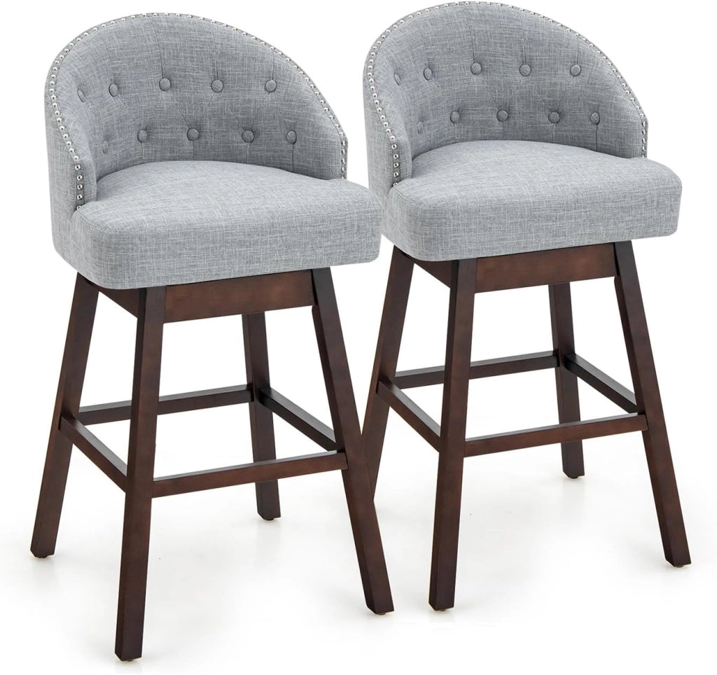 Set di 2 Sgabelli da Bar, Sgabelli con Gambe in Legno di Gomma e Schienale Imbottito, Sgabelli da Bar Girevole, Ideale per Bar, Cucina, Soggiorno (Grigio)