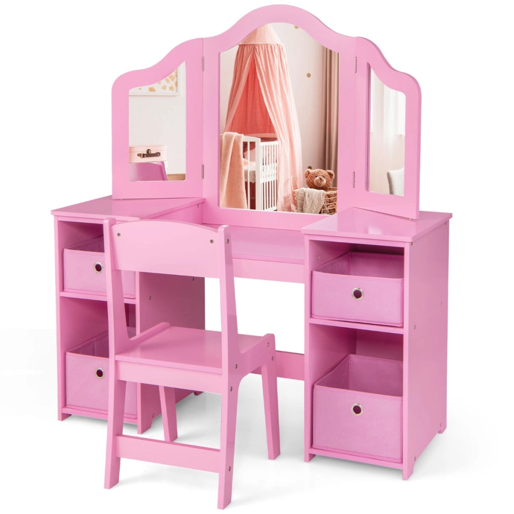 Toeletta da trucco con sgabello per bambini, Set da gioco da principessa con 3 specchi rimovibili 4 contenitori Rosa-Toelette per bimbi