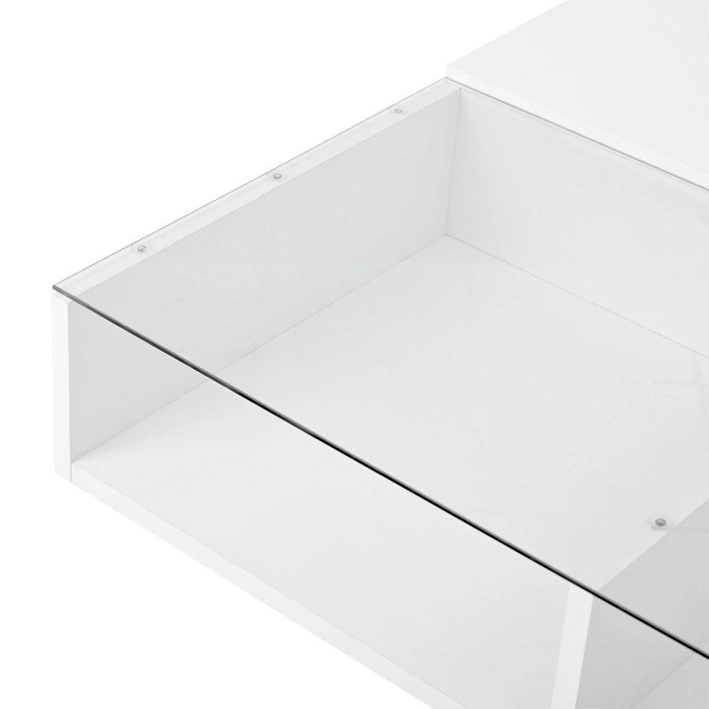 Tavolino sollevabile 78x78x45.5/59.5 cm; LED e spazio contenitore; truciolare bianco