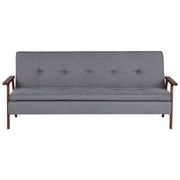 Divano letto moderno in tessuto grigio braccioli in legno scuro gambe trasformabili stile moderno
