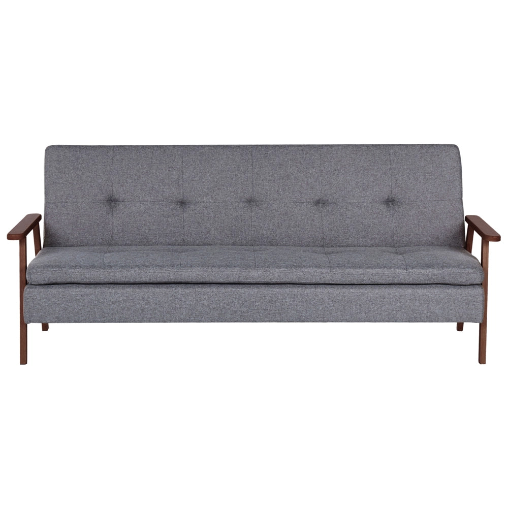 Divano letto moderno in tessuto grigio braccioli in legno scuro gambe trasformabili stile moderno