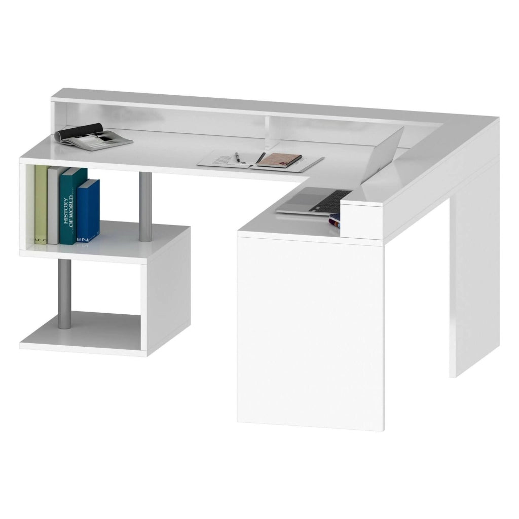 Scrivania Auletta, Scrittoio angolare con ripiani portaoggetti, Scrivania ufficio multiuso con sopralzo, 180x60h93 cm, Bianco