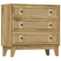 Cassettiera 3 Cassetti in Rattan Intrecciato, 80 x 35 x 76 cm, Legno naturale