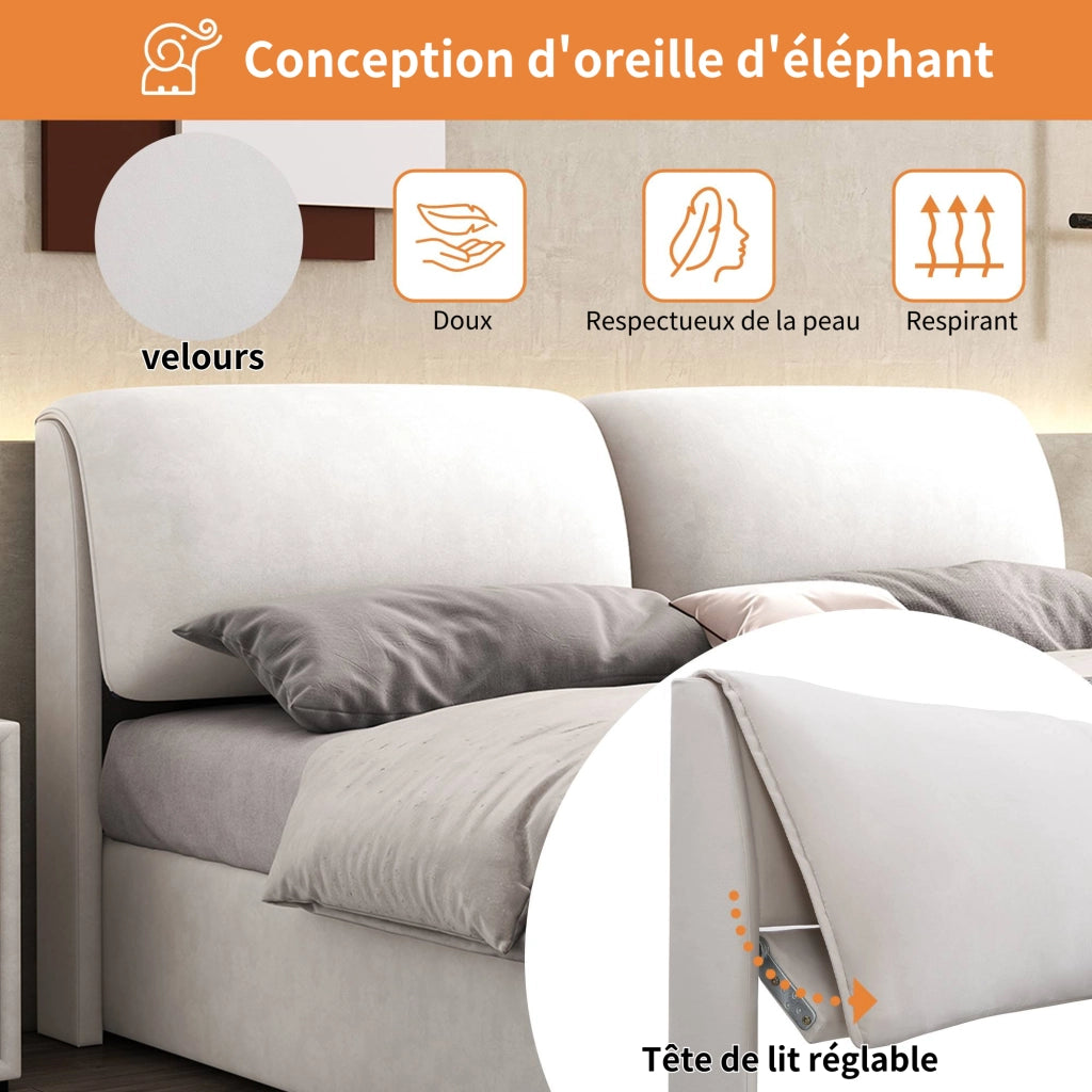 Letto Contenitore 140x190 cm; con 3 Cassetti e Testiera Regolabile in Velluto Beige