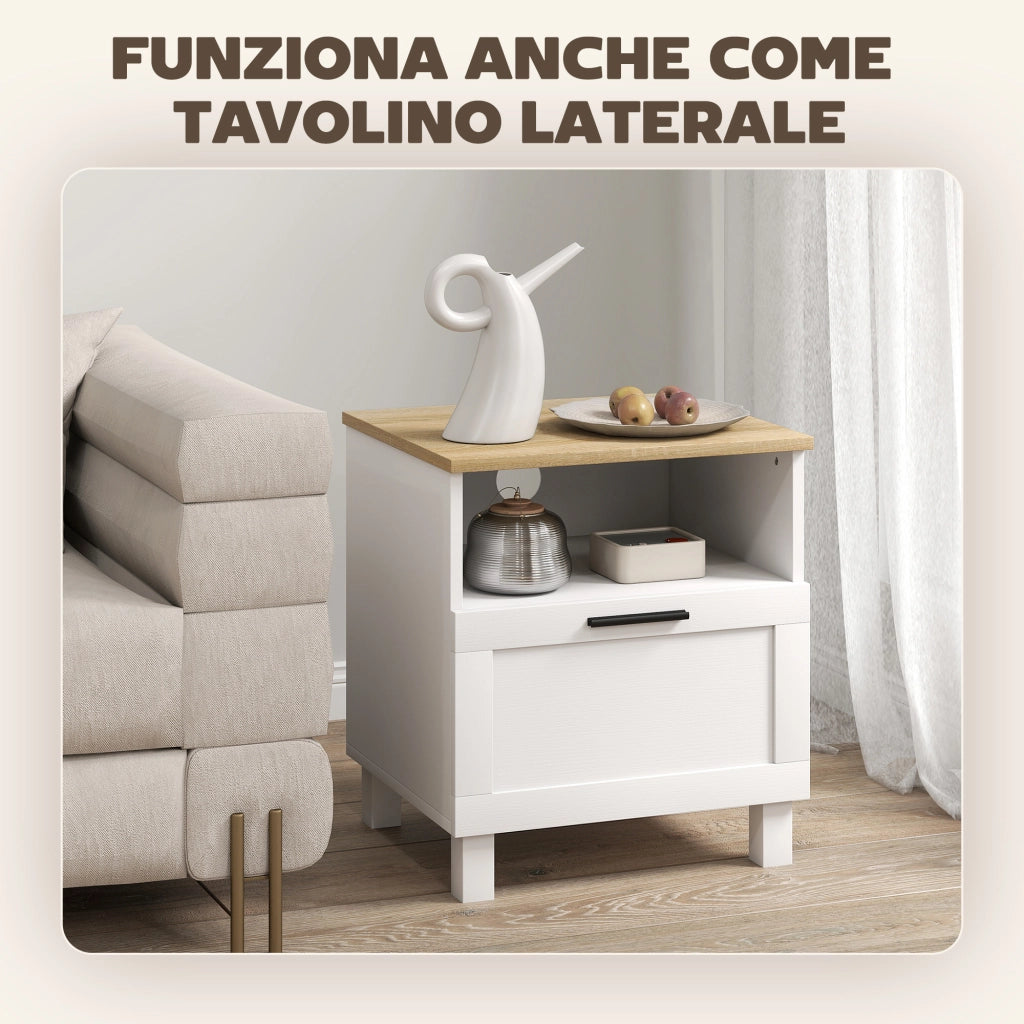 Comodino con Cassetto e Ripiano Aperto ¨C zephmum ¨C Legno, Bianco e color Legno, 45x38x50 cm