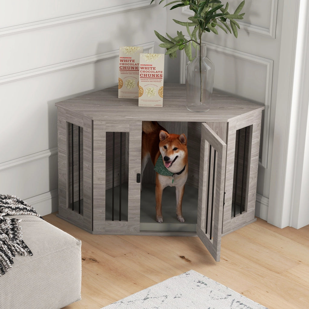 Cuccia per Cani Angolare con Cuscino ¨C Xylo ¨C Legno Marrone 104x55x63 cm