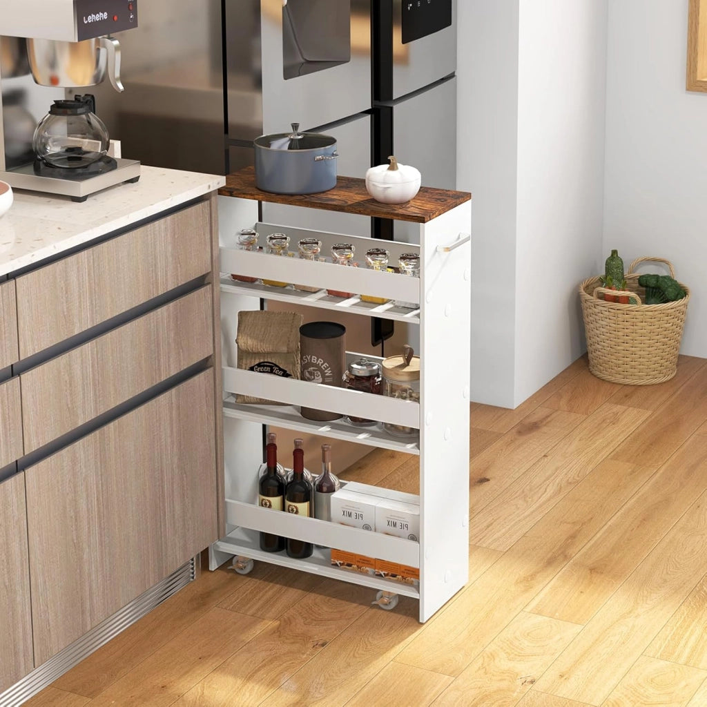 Carrello per Nicchia con Ruote, 4 Livelli，Carrello di Servizio Stretto Salvaspazio, da Bagno, Scaffale da Cucina Sottile 47,5 x 13 x 80,5 cm (Industriale+Bianco, Largo 20 cm)