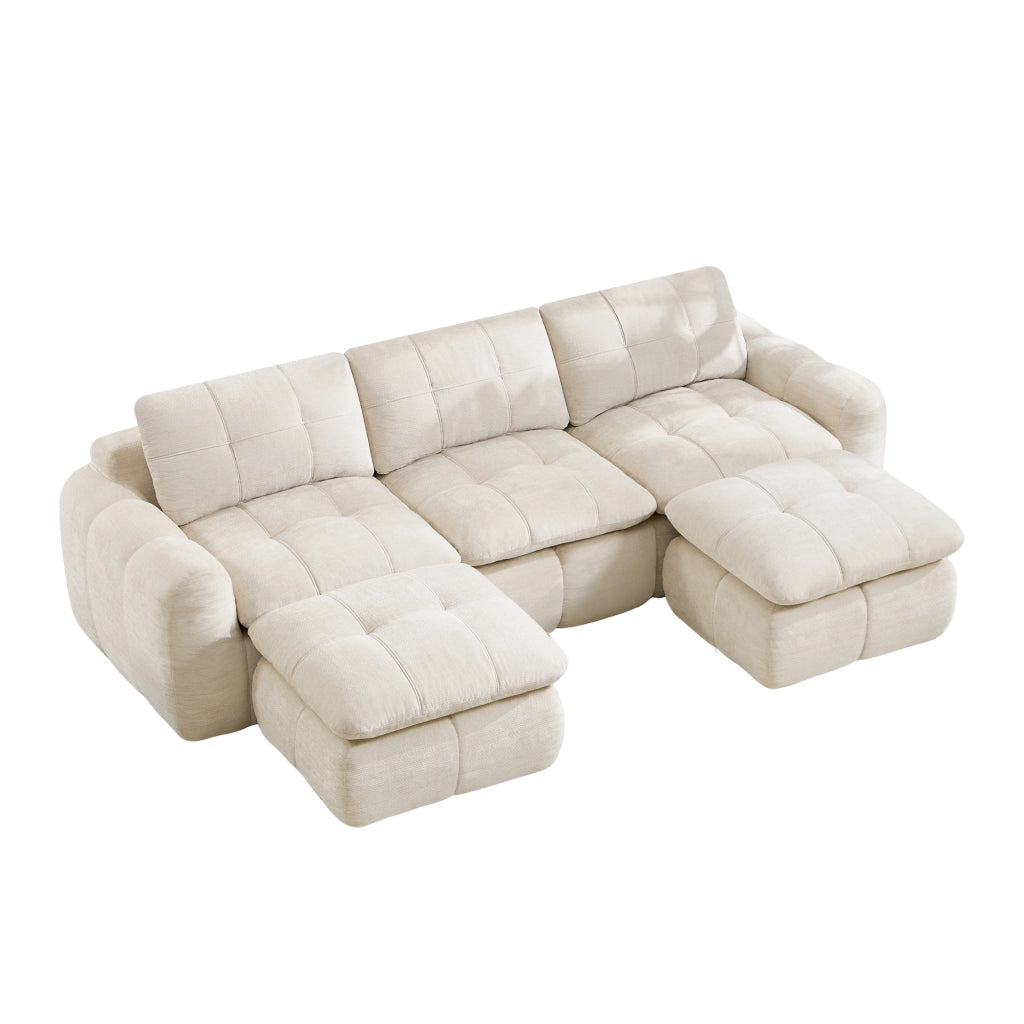 Divano modulare a U 3 posti - con pouf e struttura senza telaio - in chenille beige