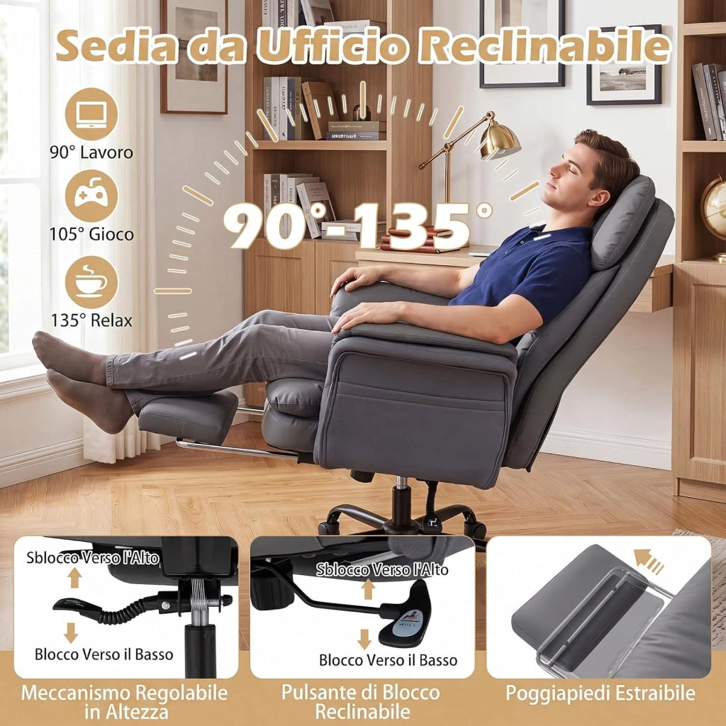 Sedia da Ufficio Ergonomica, Portata 150 kg (Grigio) | Sedia Scrivania con Rotelle Girevole, Braccioli Regolabili su 5 Livelli e Poggiapiedi Retrattile, per Casa e Ufficio