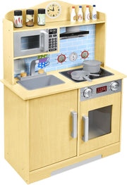 Cucina giocattolo per bambini in legno con piano cottura, forno a microonde, rubinetto, lavandino e accessori da cucina, giocattolo per bambini a partire dai 3 anni, 56 x 28,5 x 92 cm