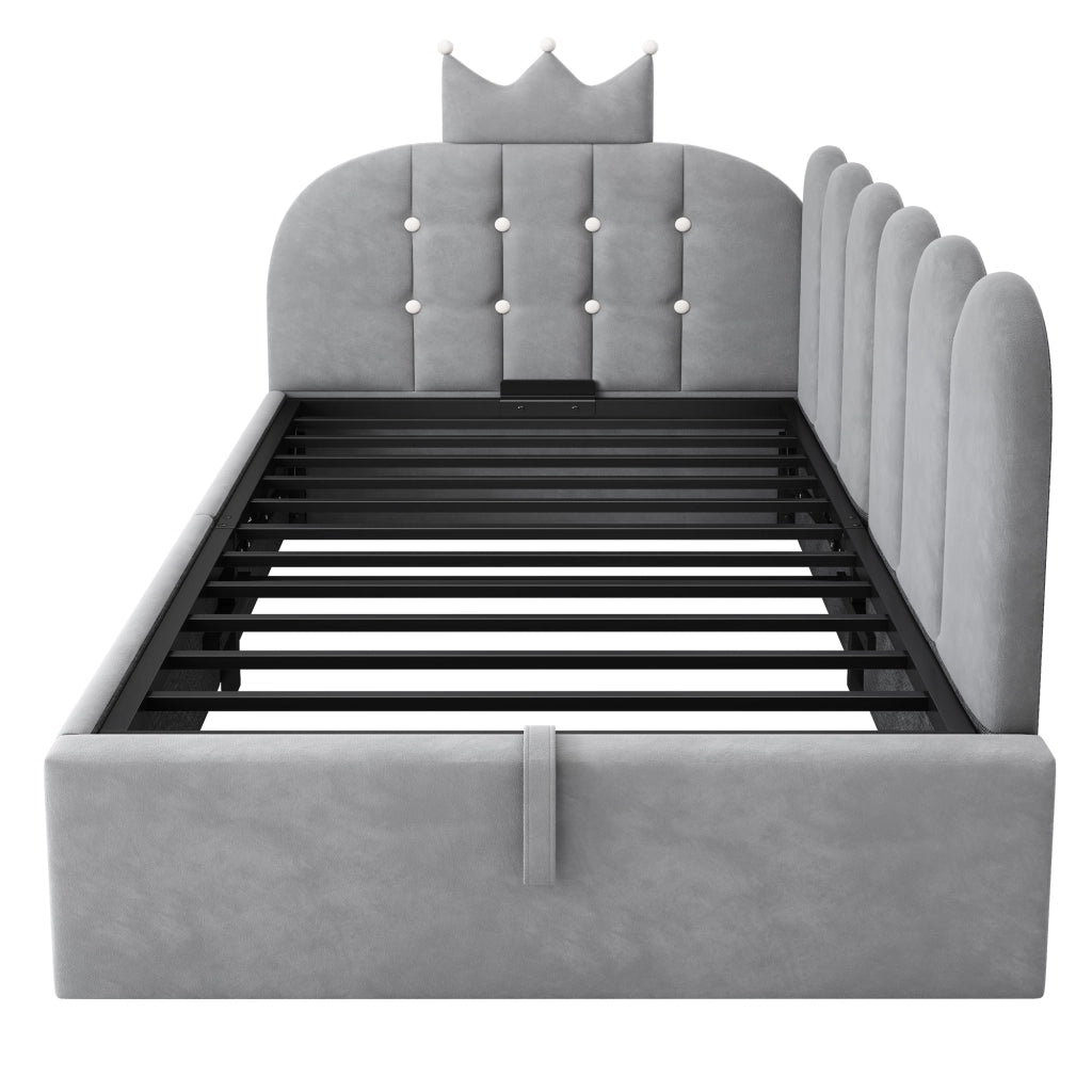 Letto da giorno L con testiera a corona, contenitore idraulico, velluto grigio, 90x190 cm