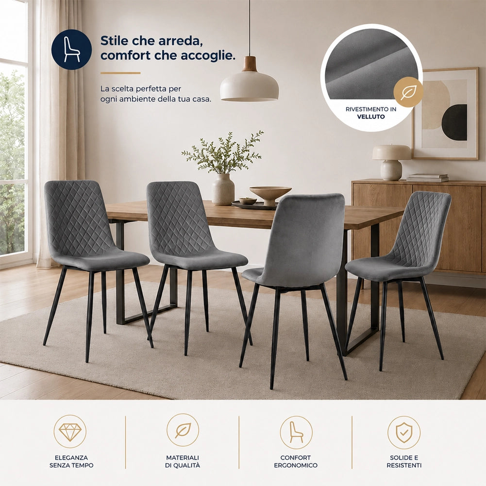 Set 4 Sedie Grigio con Rivestimento in Velluto e Piedi Neri Seduta Ergonomica