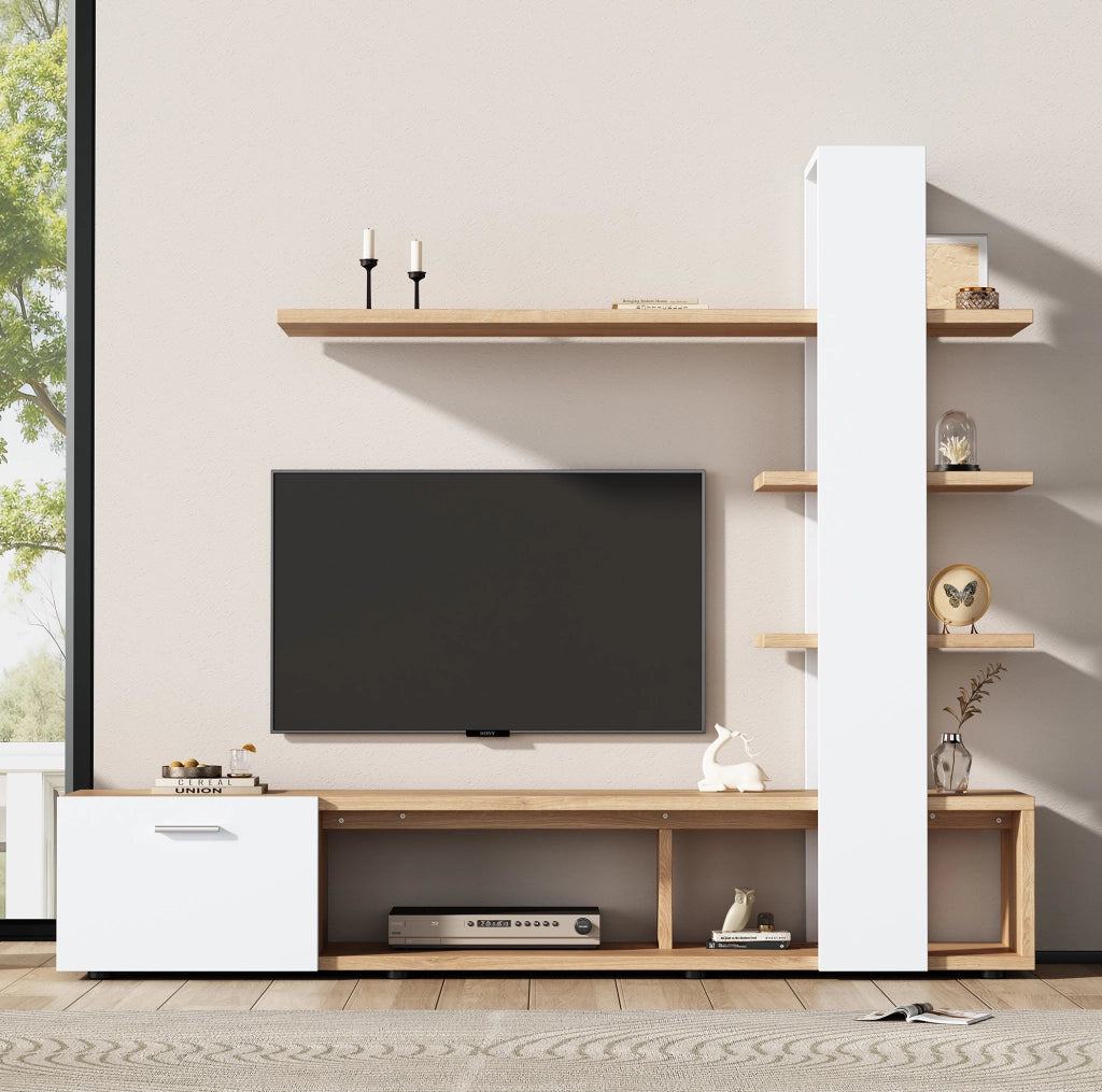 Mobile TV a parete moderno bianco e legno con vani aperti e chiusi