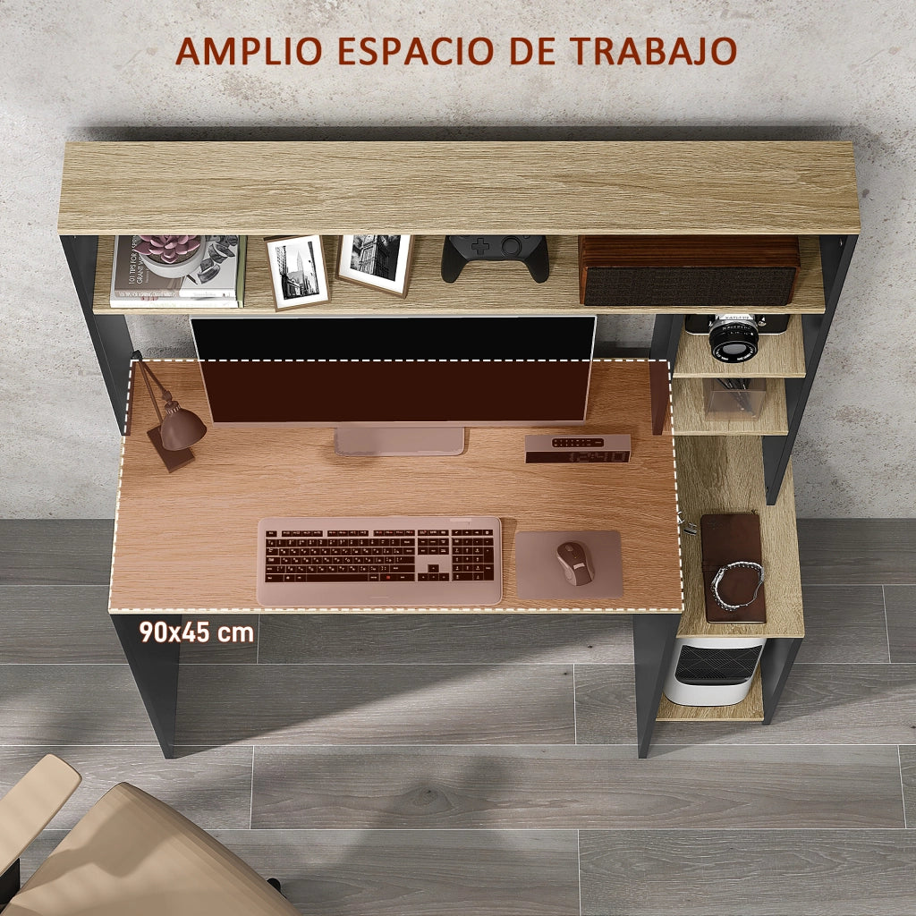 Scrivania con scaffale e supporto monitor ¨C Zephmum ¨C Grigio e naturale 114x45x138 cm