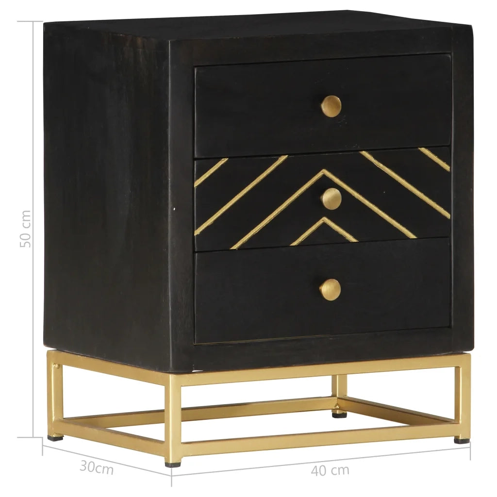 Comodino-Tavolino da notte Nero e Oro 40x30x50 cm in Legno Massello di Mango
