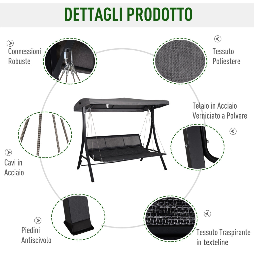 Dondolo da Giardino con Tettuccio e Cuscini ¨C zephmum ¨C Grigio, Textilene, Metallo, 198x118x168 cm