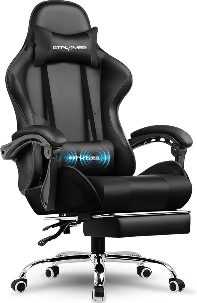 Sedia da gaming, da ufficio, da gioco, ergonomica, con poggiapiedi, per massaggi, cuscino lombare, imbottita, sedia girevole, colore: bianco