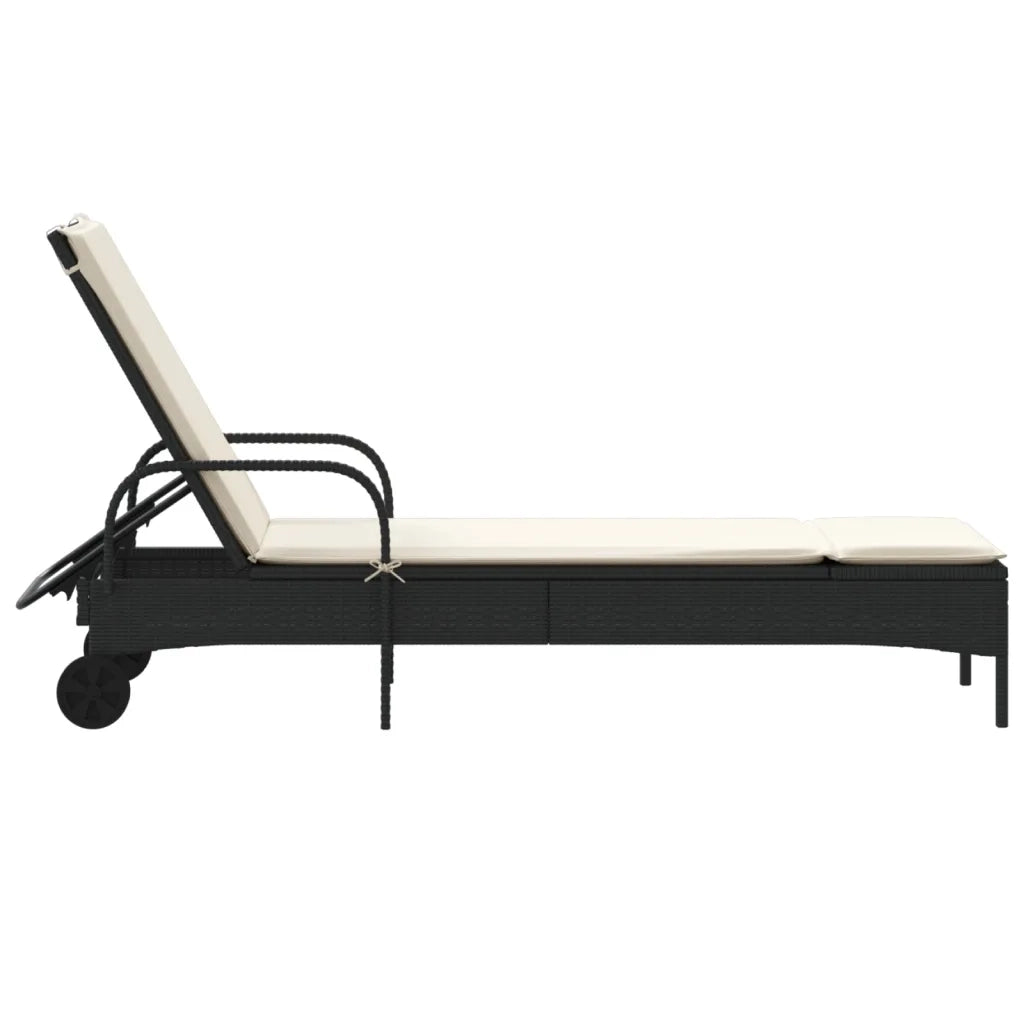 Lettino Prendisole | Sdraio da giardino | Lettino da sole con Ruote e Cuscino in Polyrattan Nero