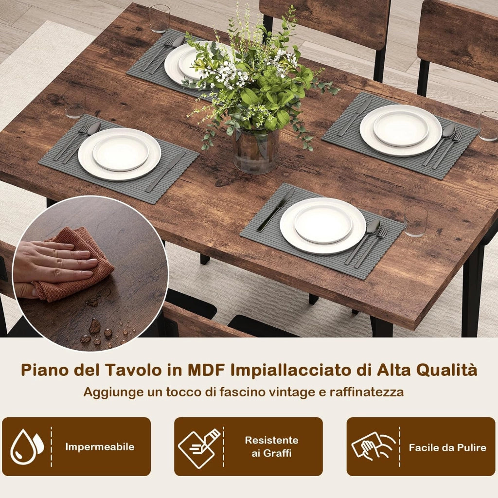 Set da Pranzo 5 Pezzi per 4 Persone, Tavolo da Cucina Industriale e 4 Sedie Imbottite in Pelle Finta con Gambe in Metallo, Set da Pranzo Salvaspazio per Piccoli Appartamenti e Angolo