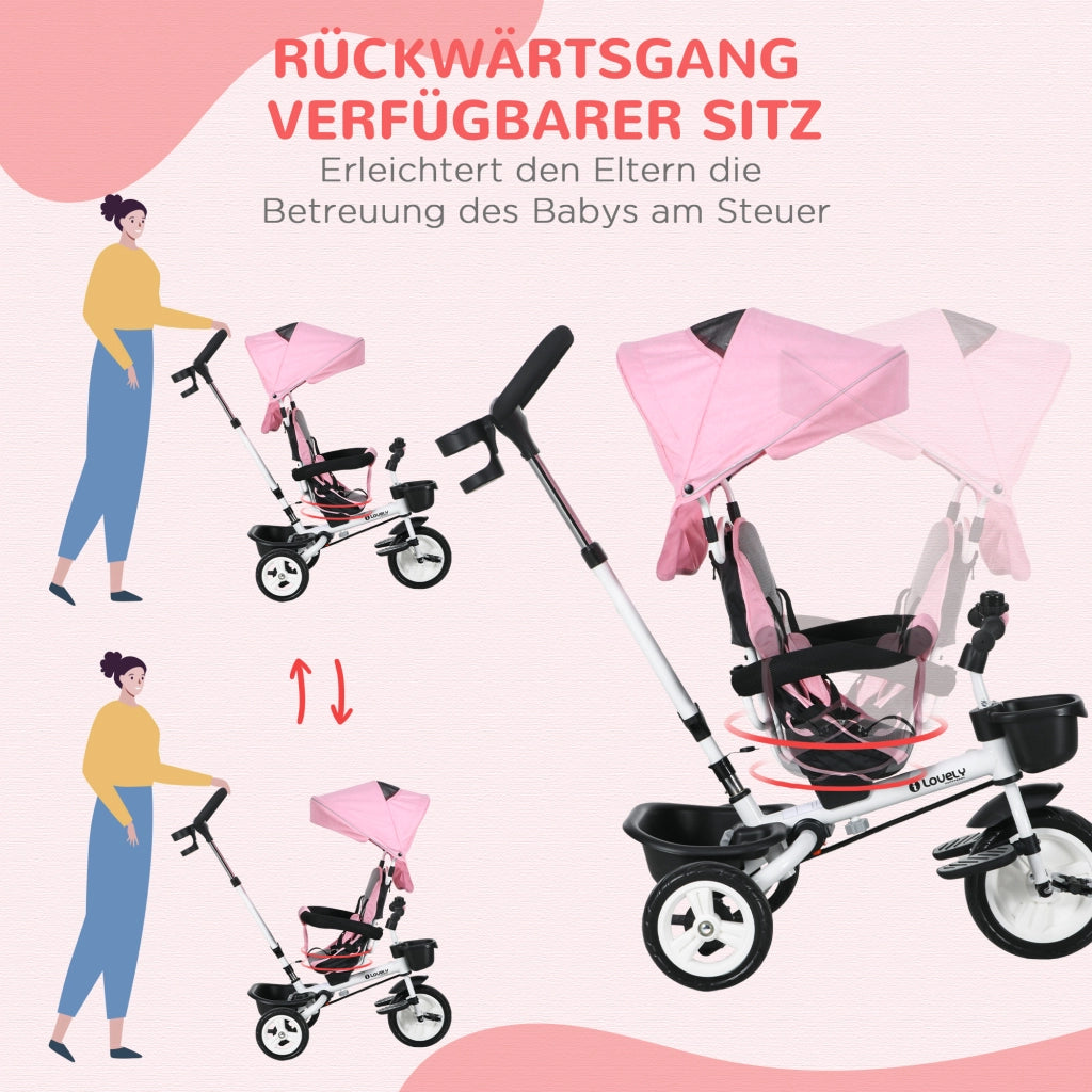 Triciclo 6 in 1 per Bambini ¨C zephmum ¨C Rosa con Schiebestange, Cestino e Cintura
