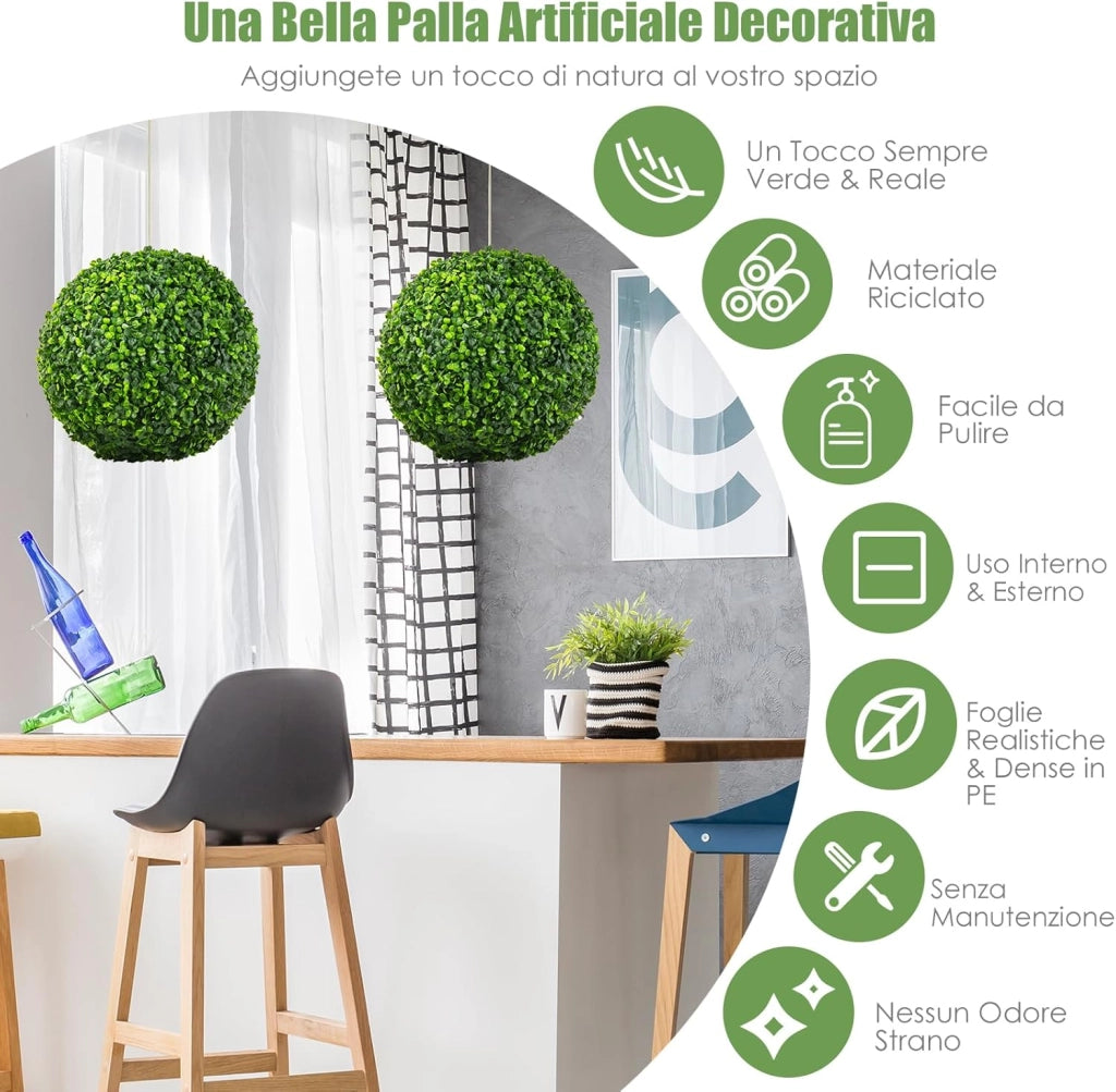 2 Sfere Artificiali da 40 CM, Piante Finte a Sfera Resistenti ai Raggi UV, Piante Artificiali Rotonde da Giardino, Balcone, Matrimonio e Casa, No Manutenzione Potature Annaffiamento