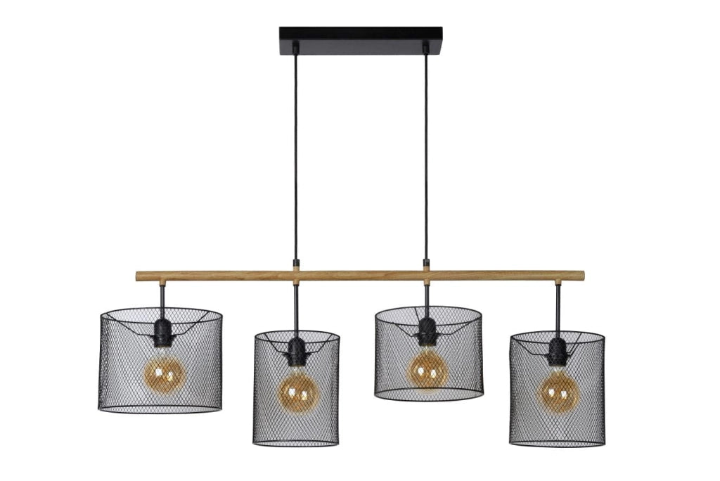 Lucide Baskett lampadario 4 luci E27 nero/legno regolabile