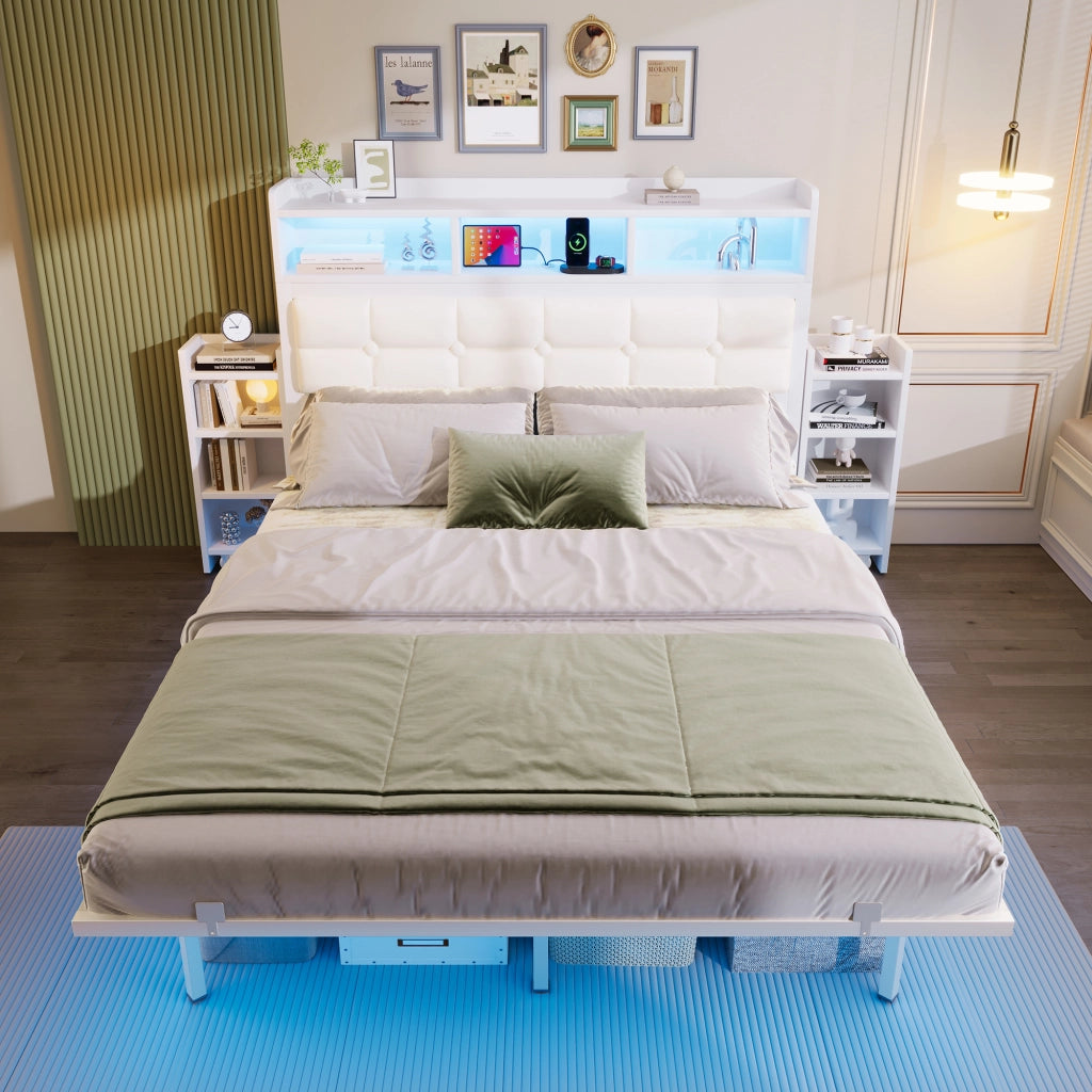Letto matrimoniale 140 × 190 cm con LED, USB e Type-C, 2 comodini estraibili, senza materasso, in metallo, bianco