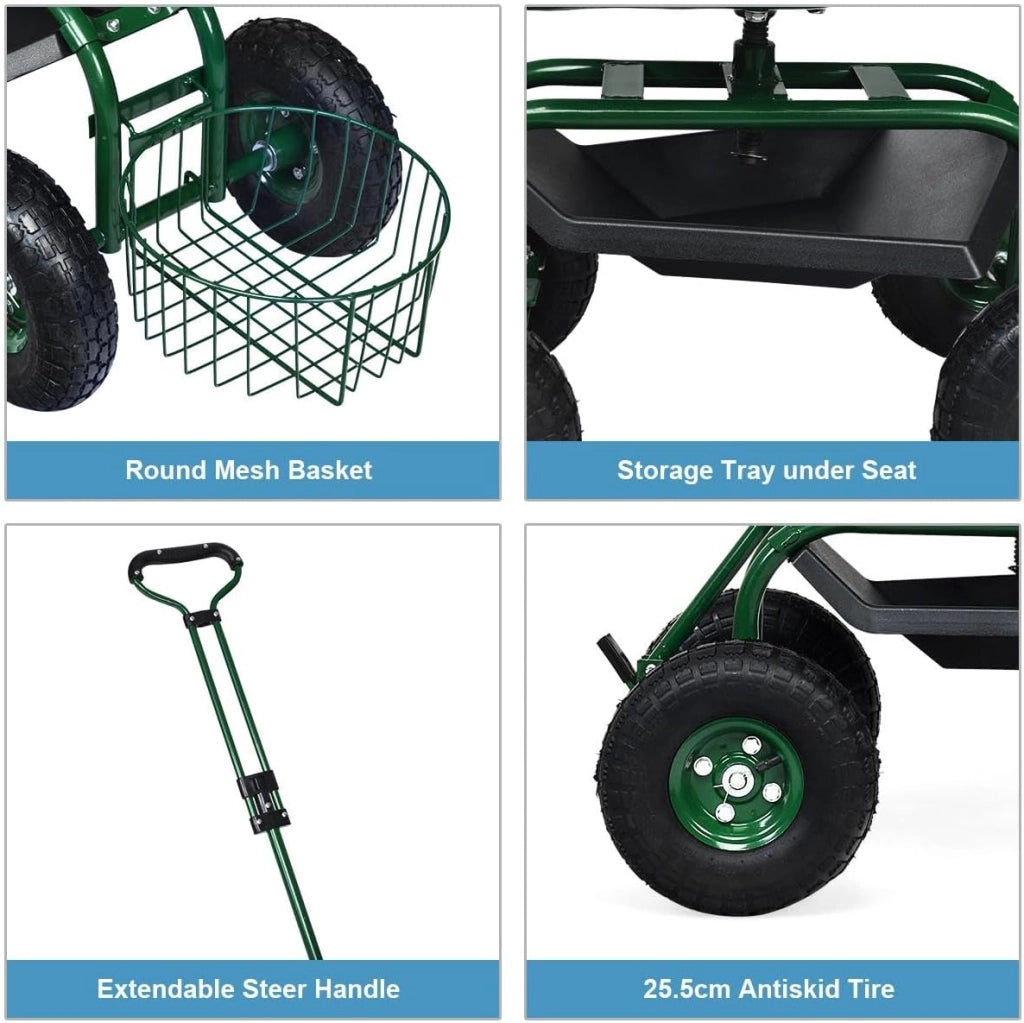 Sedile girevole per giardinaggio, sedile da giardino, girevole a 360°, regolabile in altezza, 45,5-54,5 cm, carrello da giardino con manico estraibile, ripiano e cestino da lavoro, portata 150