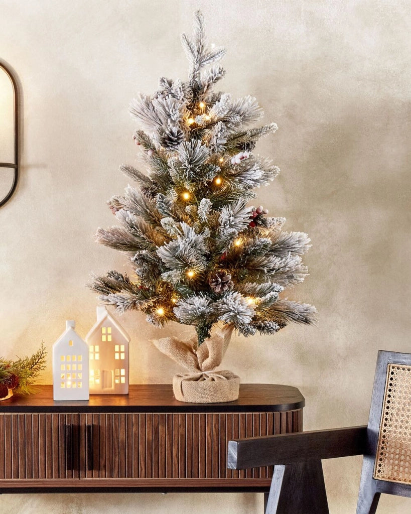 Albero di natale artificiale verde sintetico 90 cm pre illuminato innevato pre innevato con neve lucine a led pigne sacchetto di iuta