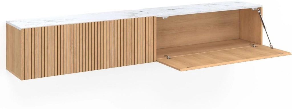 Mobile TV sospeso JULIETTE 180 cm con 2 ante, piano effetto marmo, doghe in legno color rovere