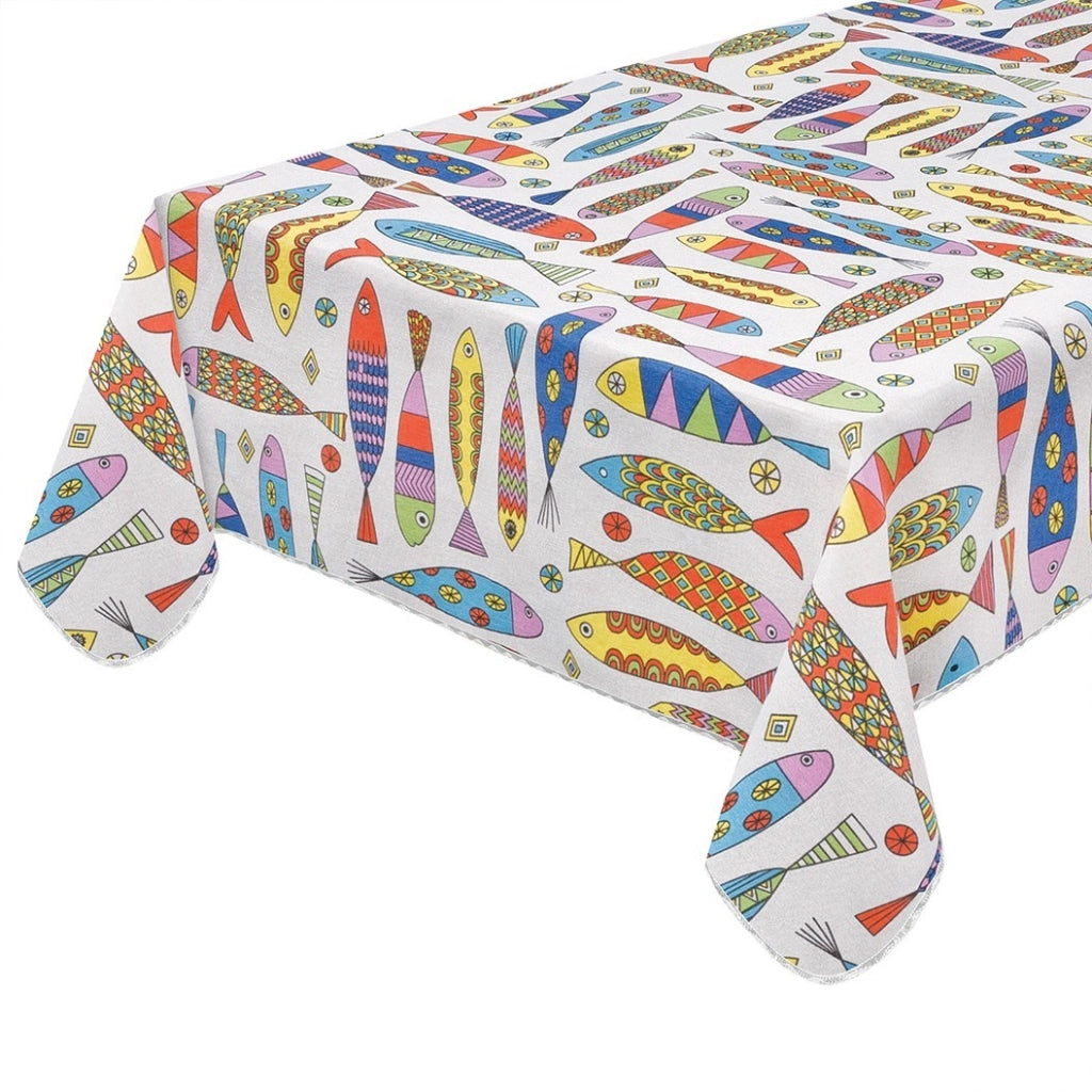 Tovaglia Cucina Antimacchia Bordata Cotone Ecru Plastificato Lavabile Pesci Multicolore - 135x180 Cm