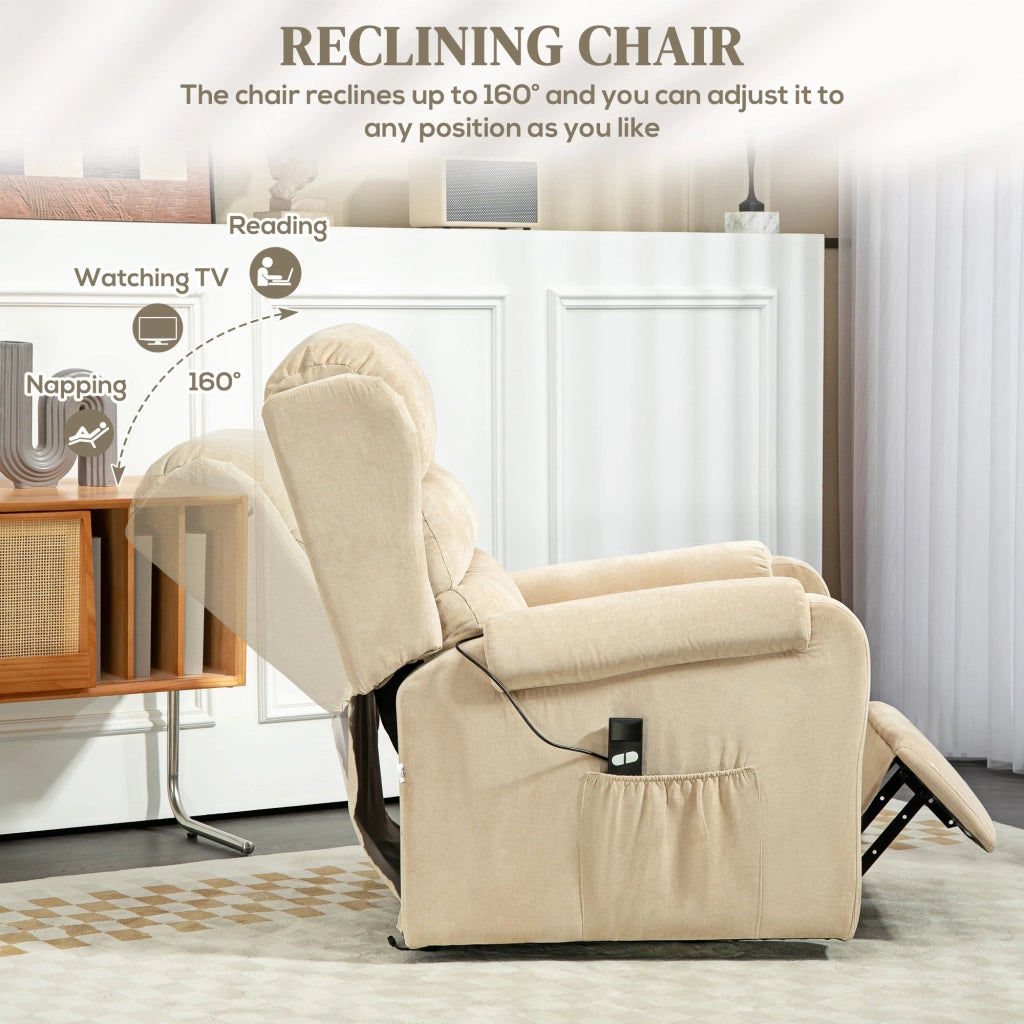 Poltrona Alzapersona Reclinabile a 160° con Poggiapiedi e Telecomando 85x88x109 cm in Velluto Crema