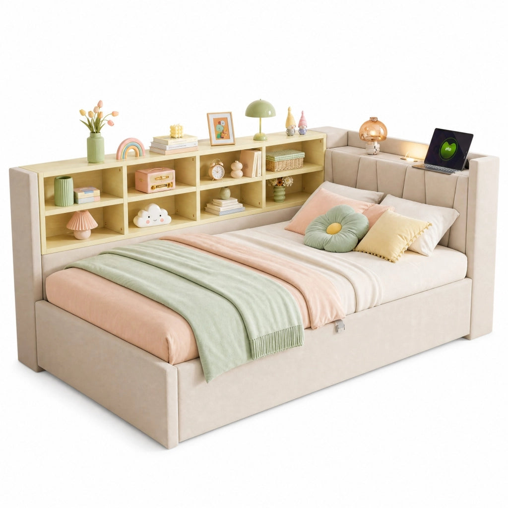 Letto imbottito singolo 90x200 cm in velluto beige con contenitore idraulico; USB e Type-C