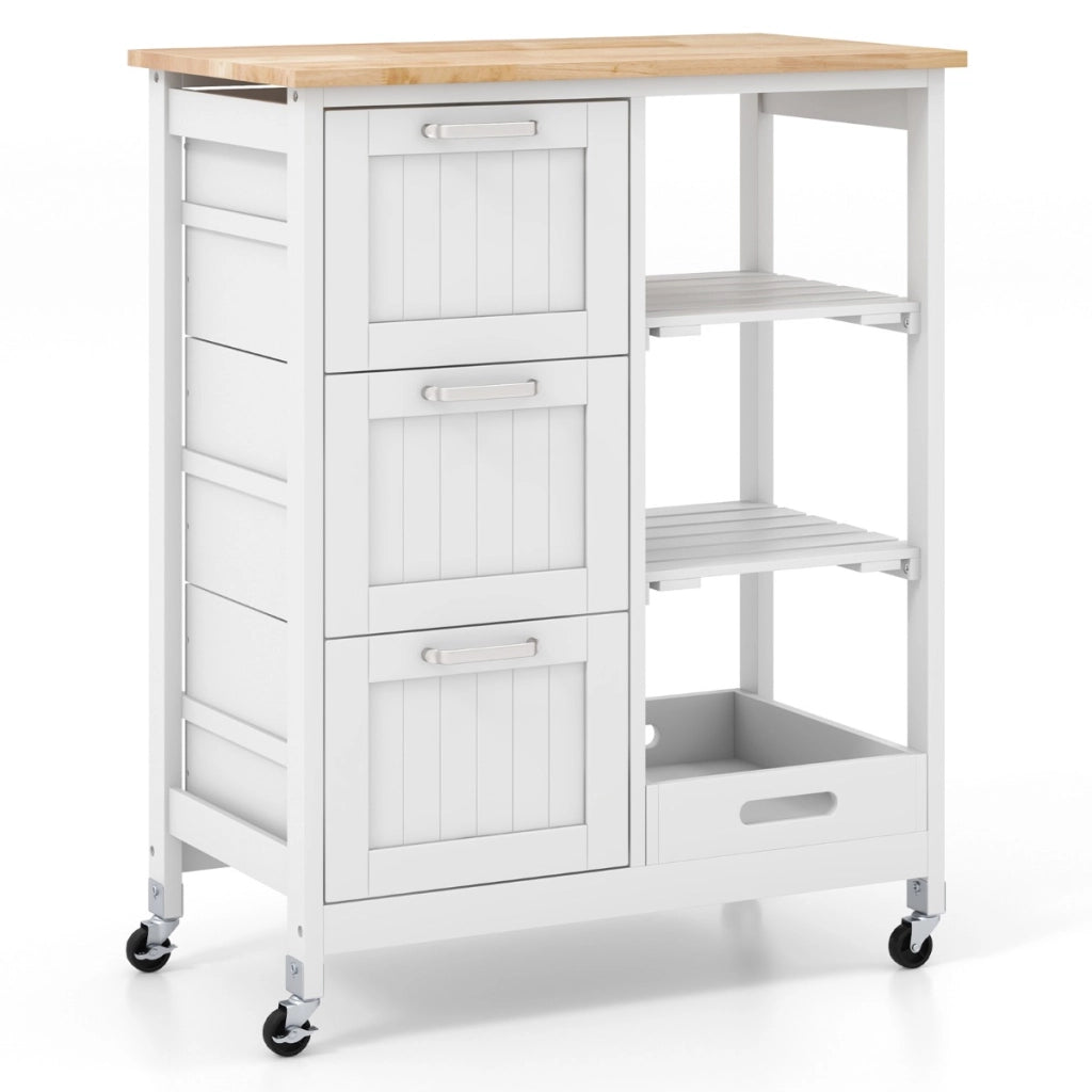 Isola cucina con ruote bloccabili piano in legno di gomma e 2 ripiani rimovibili-Carrello multiuso Bianco