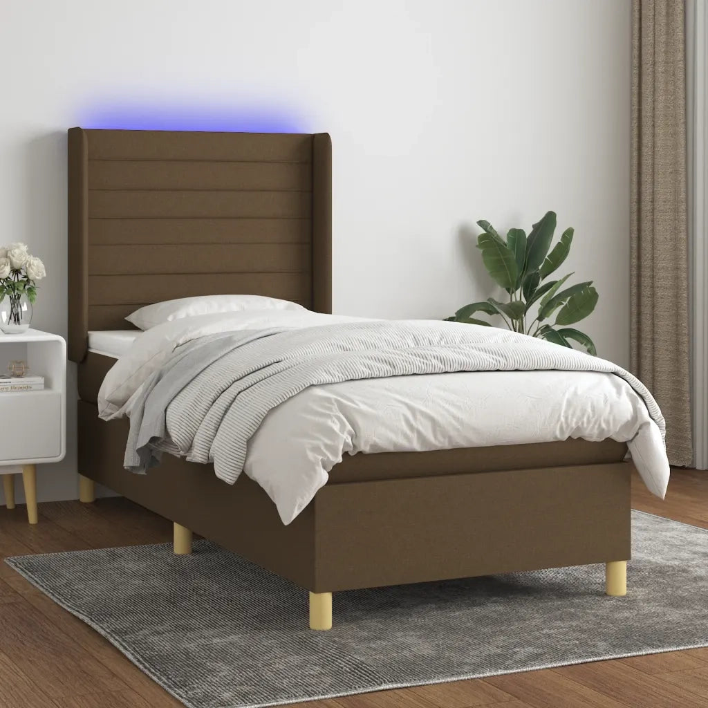 Letto singolo | Letto per adulti | Letto a Molle Materasso e LED Marrone Scuro 90x190cm in Tessuto