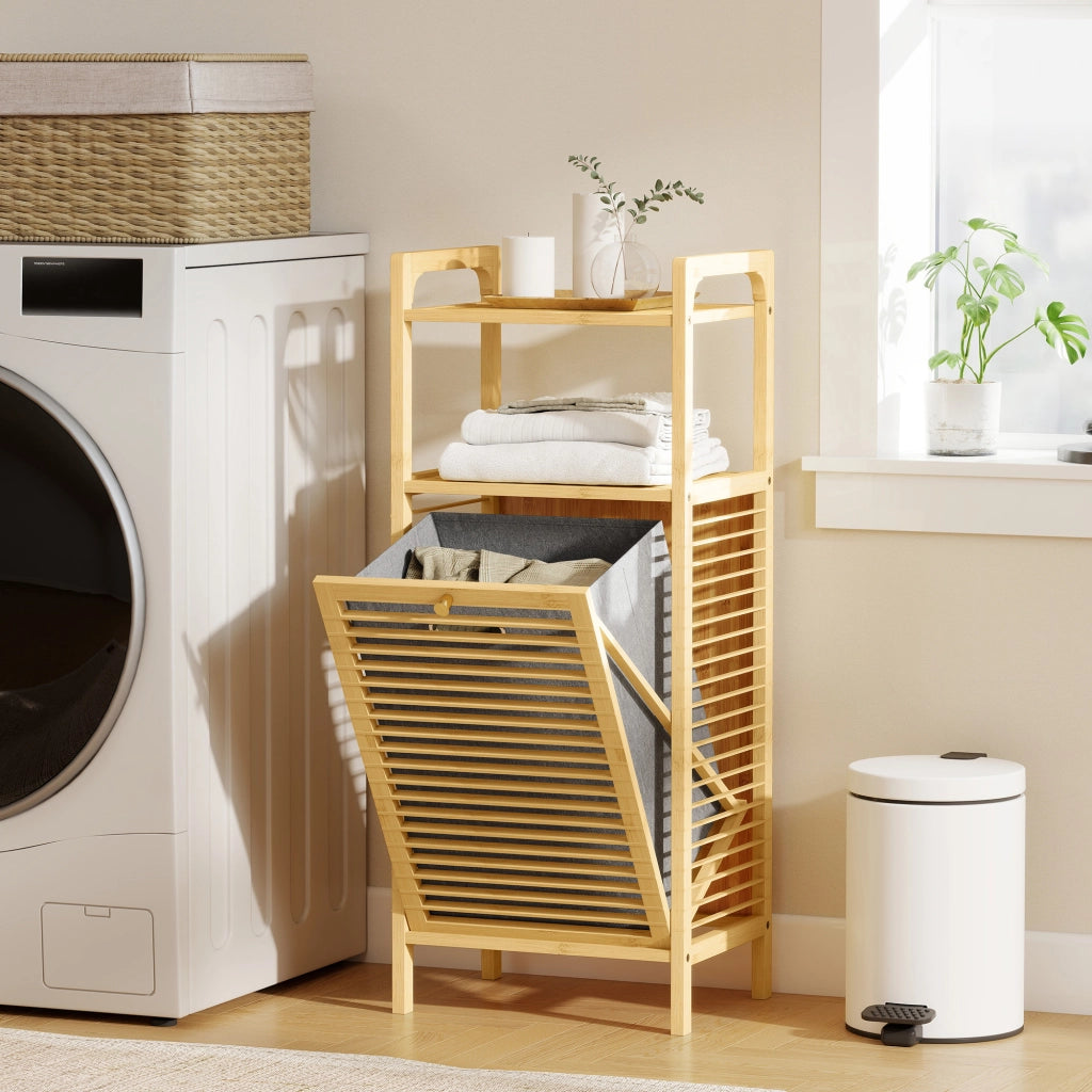 Armadietto Bagno Stretto Bambu con Ripiani e Cestello Estraibile ¨C zephmum ¨C 40x30x95 cm Naturale