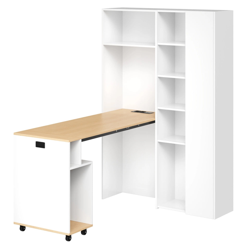 Scrivania pieghevole 2 in 1 con libreria, presa EU e USB, ripiani regolabili, anti-ribaltamento, bianco rovere