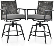 Set di 2 sgabelli da bar girevoli, con schienale in rattan e telaio in metallo, sedia da giardino con cuscino rimovibile, sgabello da bistrò, sedia girevole per esterni, colore nero