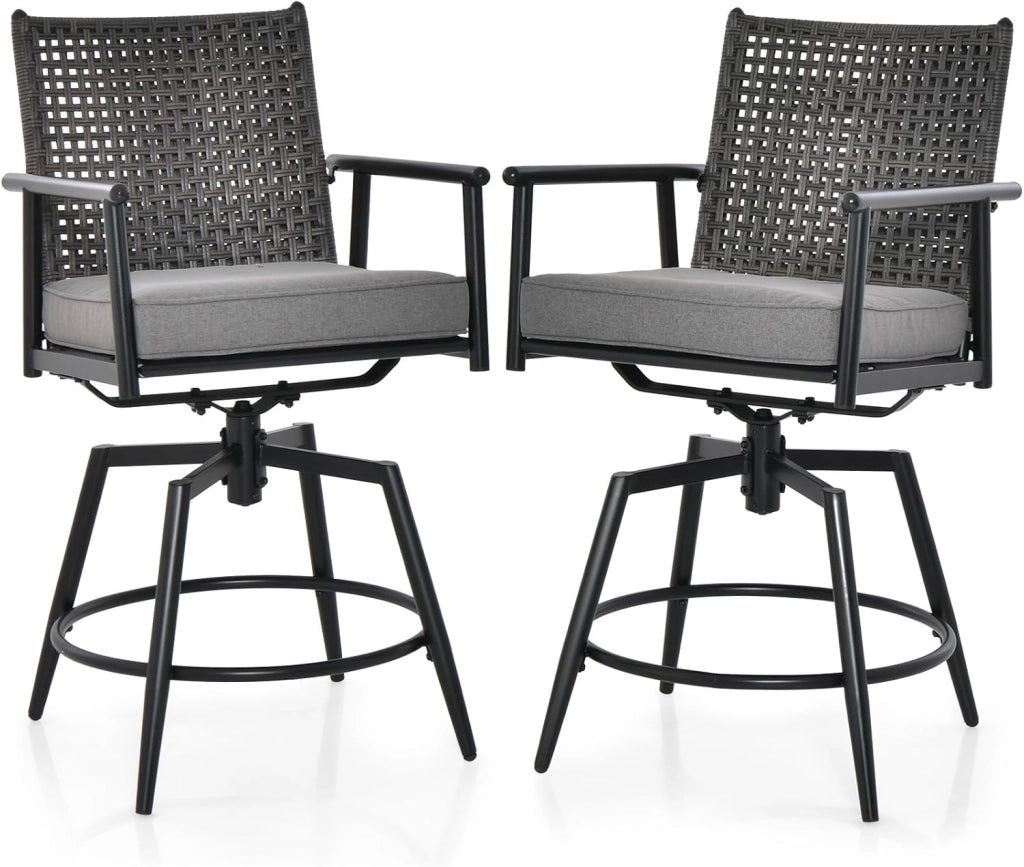 Set di 2 sgabelli da bar girevoli, con schienale in rattan e telaio in metallo, sedia da giardino con cuscino rimovibile, sgabello da bistrò, sedia girevole per esterni, colore nero