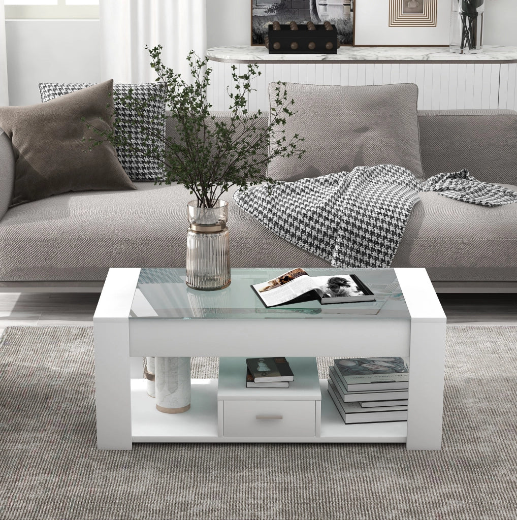 Tavolino da salotto rettangolare con piano in vetro temperato; cassetti e vano contenitore; bianco 100 x 50 x 40 cm