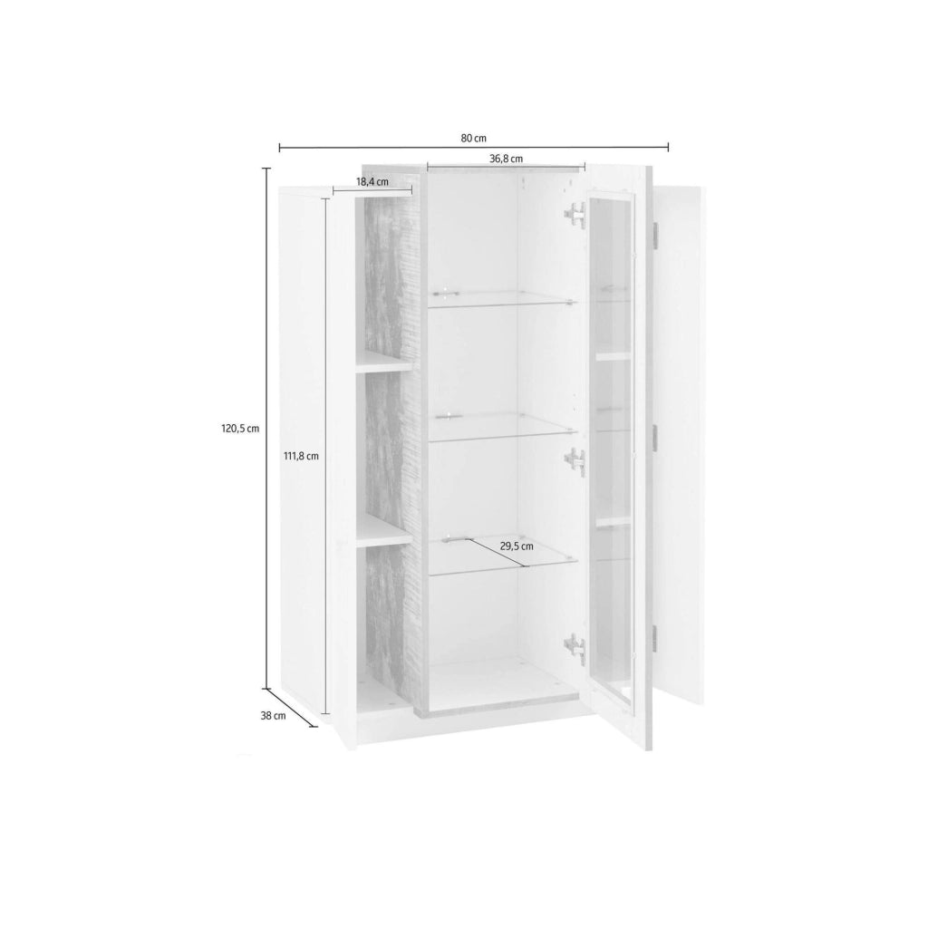 Vetrina moderna con anta a Ablaze, Made in Italy, Mobile vetrinetta da soggiorno, cm 80x38h121, Bianco lucido e Acero, con luce LED bianca