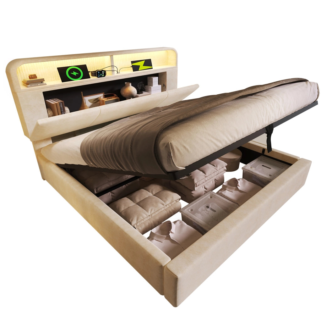 Letto matrimoniale 160x200 cm con contenitore; testiera regolabile; LED; USB e materasso; velluto beige